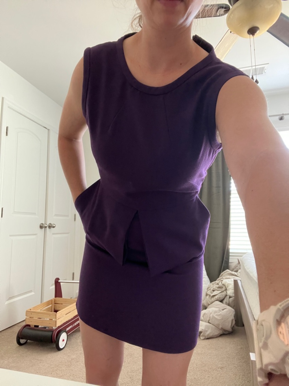 Sleeveless Purple Shift Dress with Front Pleat